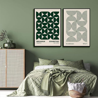 2Pcs Bauhaus Mid Century Modern Wall Art Retro Exhibition Posters Prints Green Boho Geometric Abstract Minimalist Wall Decor Pictures for Bedroom iving Room Dining Room UNFRAMED (Green, 16x24in)
