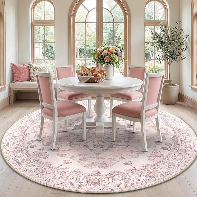 RELEANY Area Rugs Round 7ft Washable Non-Slip, Floral Vintage Distress Print Pattern Medallion Carpet for Living Room Bedroom Dining Room, Pink Greypink Cute