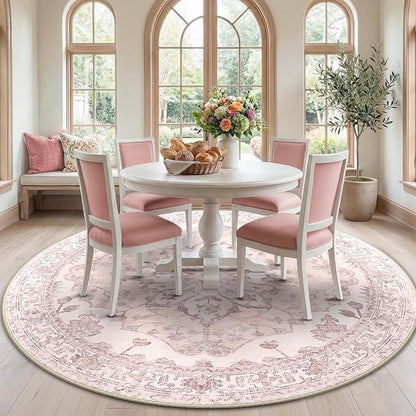 RELEANY Area Rugs Round 7ft Washable Non-Slip, Floral Vintage Distress Print Pattern Medallion Carpet for Living Room Bedroom Dining Room, Pink Greypink Cute
