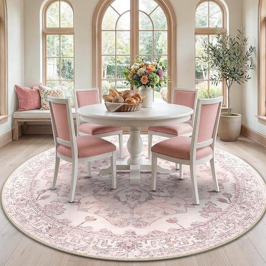 RELEANY Area Rugs Round 7ft Washable Non-Slip, Floral Vintage Distress Print Pattern Medallion Carpet for Living Room Bedroom Dining Room, Pink Greypink Cute