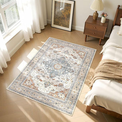 3X5 Rug Washable Area Rugs: Boho Neutral Vintage Soft Rugs Stain Resistant Distressed Farmhouse Non-Slip Indoor Floor Carpet for Entryway Closet Front Door Kitchen Bedroom Bedside Dorm- Beige Blue