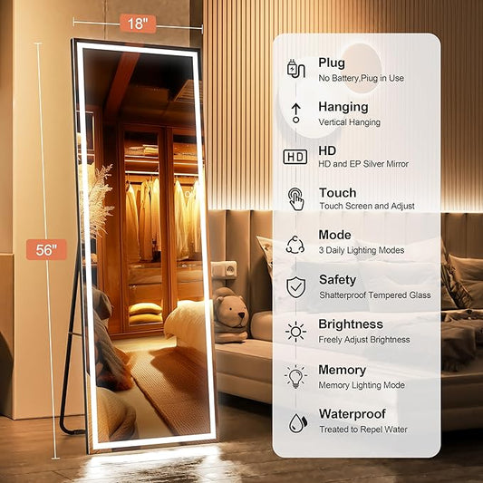 Full Length Mirror with Lights, 56" x 18" LED Lighted Floor Standing Body Mirror, Dimmable & 3 Color Lighting for Bedroom, Cloakroom, Dressing Room, Tempered Glass, Square Black