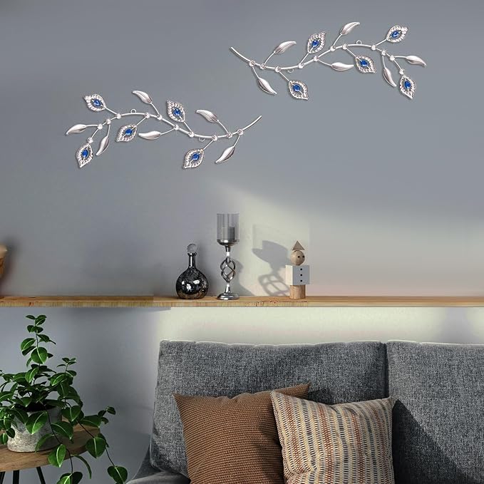 sxnzequnze 2 Sets Leaf Wall Art for Home Metal Bling Rhinestones Ready to Hang Tree Branch Leaves Olive Vine Wrought Iron Hanging Sculpture Pieces Wall Decor Pcs - 16.5in