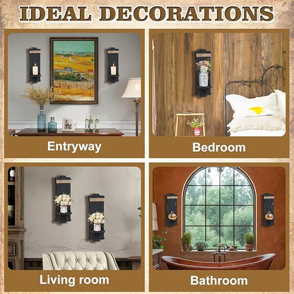 Alphatool Farmhouse Wall Decor Candle Sconces - 2 Pcs Vintage Rustic Handmade Wooden Wall-Mount Candle Holders for Bedroom Livingroom Home Hanging Art Decorations Accessories Gifts, Black