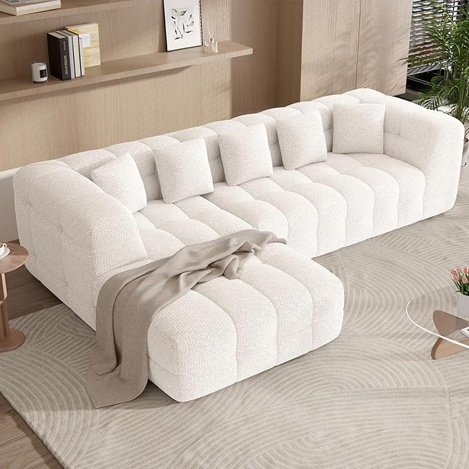 107" Chenille Boneless Couch with L - Shaped Chaise, Comfy Modular Sectional Sofa with Tufted Design, Modern Upholstered Sofa, No - Assembly Sectional Couch, Oatmeal | Modular Sectional, Tufted Design, Modern Upholstered, No-Assembly