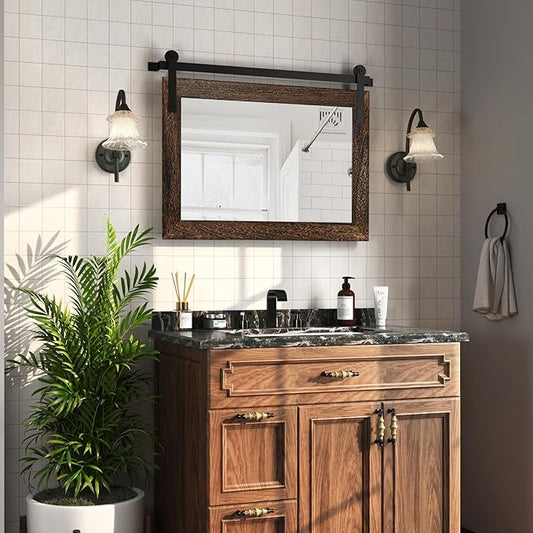 COGOOD Farmhouse Barn Door Mirror - 22 x 30 Rustic Wood Framed Wall Mirror for Bathroom, Living Room, Entryway Wall Decor (Black Brown)