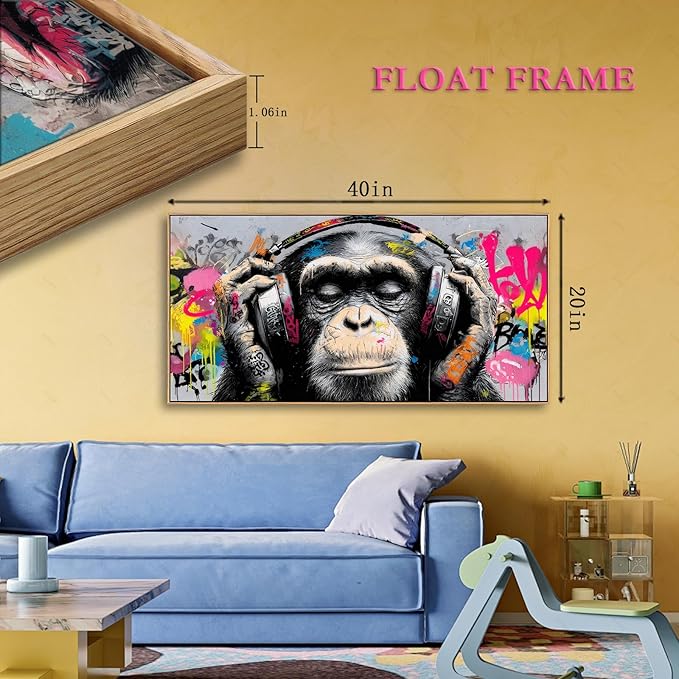 Sorbrozo DJ Gorilla with Headphones - Urban Street Graffiti Canvas Wall Art Colorful Animal Painting for Boys Room Music & Hip Hop Wall Decor Modern Home Art Print 20x40in