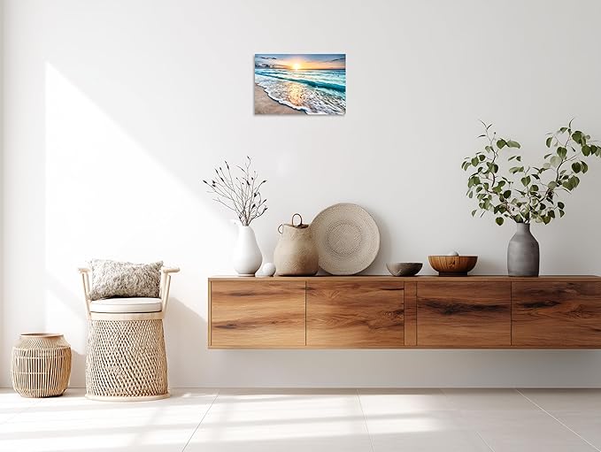 TutuBeer 1 Pcs Beach Wall Art Beach Pictures Ocean Pictures Wall Decor Blue Sea Sunset White Ocean Print on Canvas Seascape Canvas Art for Bedroom Home Decor Ready to Hang 12x18 inch