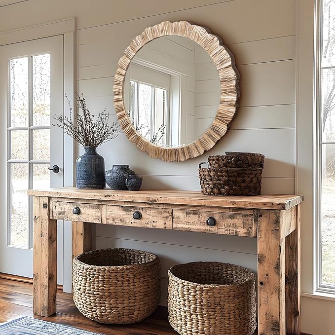 35" Wood Round Mirror, Rustic Wall Mirror with Thick Frame, Large Round Mirrors for Wall Decor, Wooden Circle Beveled Mirrors for Entryway, Farmhouse, Washed White