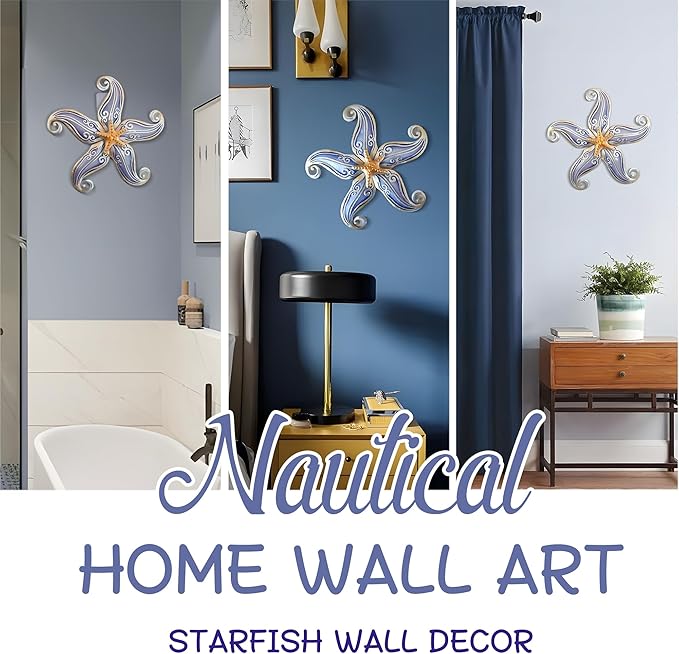 POXOHO Starfish Outdoor Wall Decor, 12" Hanging Metal & Glass Sculpture, Starfish Coastal Wall Hanging Decor for Garden Living Room Balcony(Purple)