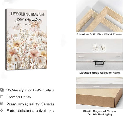 3Pcs Christian Nursery Canvas Wall Art Wildflower Bible Verse Painting Vintage Flower Scripture Pictures Wall Decor Butterfly Girl Floral Posters Prints for Girls Baby Room Living Bedroom Framed
