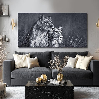 ZENPEE Large Lion Canvas Wall Art - 24"x48" Black and White Spray Print, Modern Animal Wall Decor for Bedroom, Living Room, Office - Ready to Hang