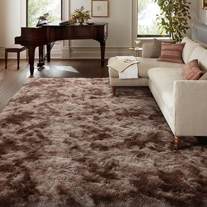 9x12 Ft Extra Large Shag Brown Area Rug for Living Room, Tie-Dyed Ultra Soft Fluffy Furry Rugs for Bedroom Indoor Floor, Aesthetic Carpet for Kids Home Decor (Coffee)
