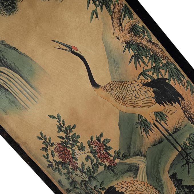 CIFIBIFUN Wall Asia Art Prints Posters Painting Eagle Crane Waterfall,4 Panels Paper Scroll,Home Walls Decor for Living Room Bedroom (Japan Painting)