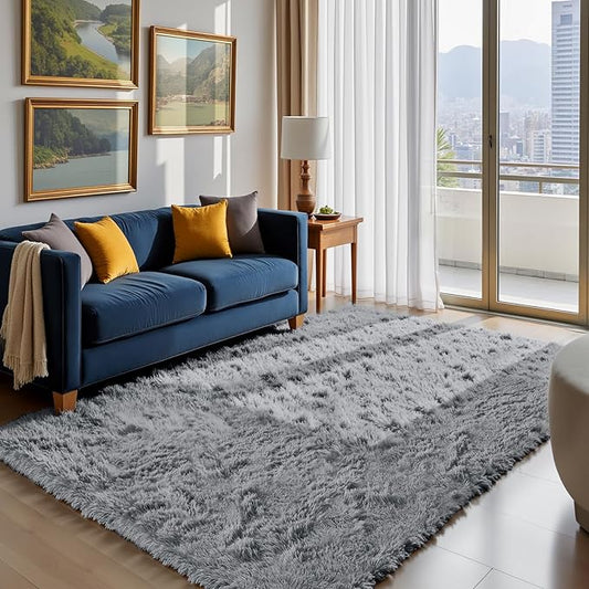 Fluffy Rug Shag Area Rug, Light Grey 4x6 Area Rugs for Bedroom, Small Bedside Rug, Soft Fluffy Shag Entryway Throw Rugs for Living Room Bedroom Kids Room Home Decor