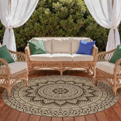 Easy Jute Outdoor Round Rug, 6ft Washable Indoor Outdoor Patio Rug, Brown Non Slip Round Area Rug Farmhouse, Boho Carpet for Backyard Patio