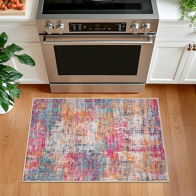 KILOCOCO Abstract Small Area Rug 2x3 Entryway Rug Washable Kitchen Rugs Door Mat Indoor Entrance Soft Pinted Non Slip Throw Rugs for Front Door Foyer Farmhouse Floor Mats, Pink/Orange/Blue