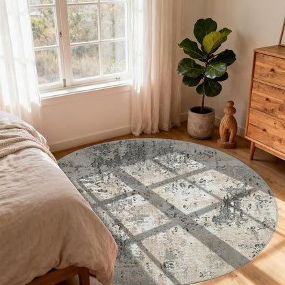 ROYHOME Modern Abstract 6x6 Round Area Rug Non Slip Non Shedding Rug Low Pile Stain Resistant for Bedroom Living Room Office Dining Room,Grey Yellow