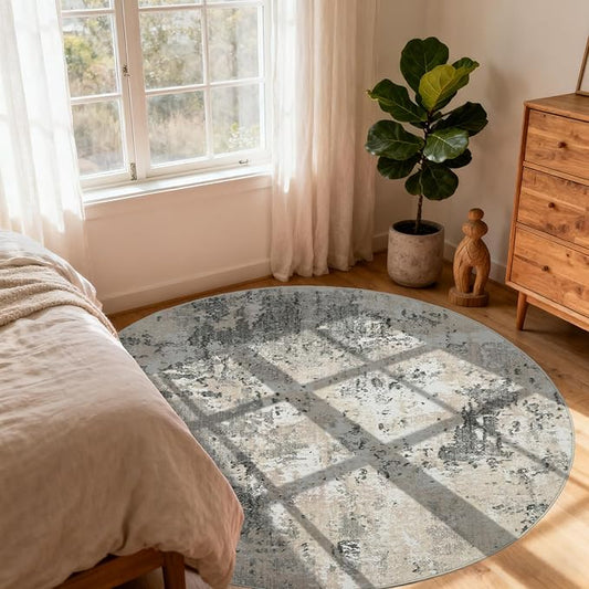 ROYHOME Modern Abstract 6x6 Round Area Rug Non Slip Non Shedding Rug Low Pile Stain Resistant for Bedroom Living Room Office Dining Room,Grey Yellow