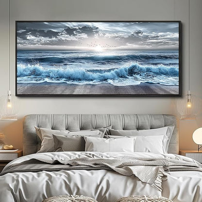 ERQINHUA Sunrise Ocean Seascape Wall Pictures Large Canvas Wall Decor For Bedroom Wall Art For Living Room Office Decor Blue Beach Sea Wave Paintings Artwork Modern Home Decor Black Framed 32x72 In