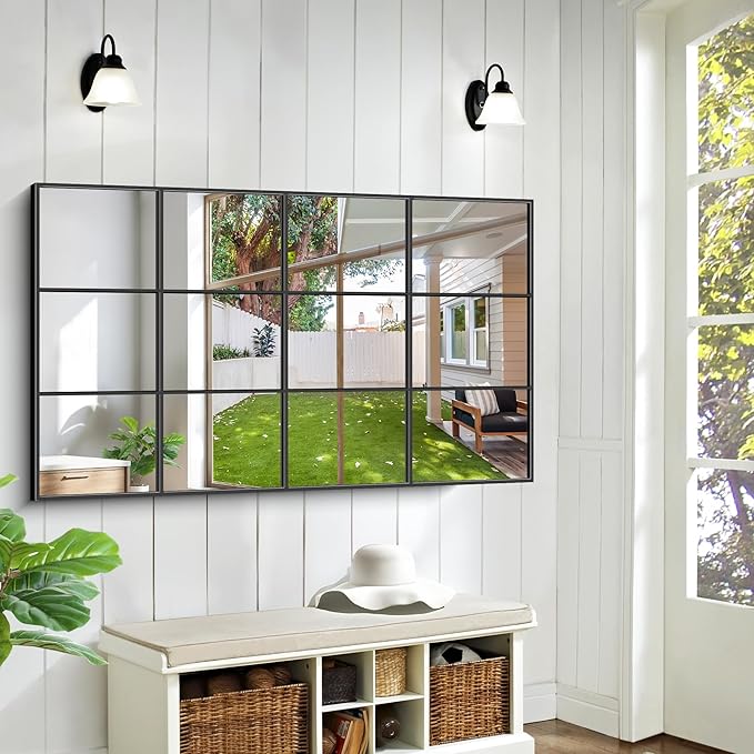 Rectangle Window Mirror Wall Mounted, 30"×55" Window Pane Mirror Wall Decor Metal Framed, Large Black Mirror for Bedroom Living Room Fireplace Entryway Hanging or Leaning Against Wall