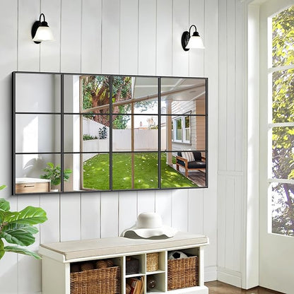 Rectangle Window Mirror Wall Mounted, 30"×55" Window Pane Mirror Wall Decor Metal Framed, Large Black Mirror for Bedroom Living Room Fireplace Entryway Hanging or Leaning Against Wall