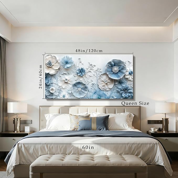 SERIMINO Flower Wall Art, Large Canvas Wall Art, Floral Wall Decor, Blue White Wildflowers Painting, Modern Abstract Botanical Prints, Nature Pictures for Living Room Bedroom Dining Room 24"x48"