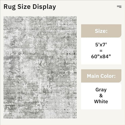 Soalmost Abstract Rug 5x7 Machine Washable Area Indoor Grey White Low Pile Non-Slip Foldable Thin Accent Rugs for Bedroom Living Room Dining Room