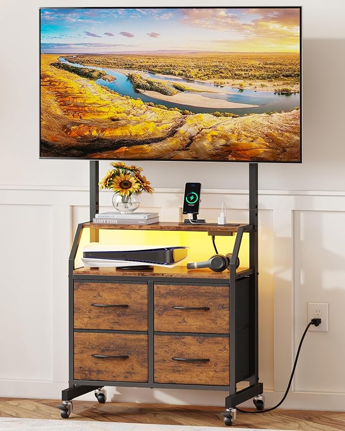 Rolling TV Stand with Mount & 4 Fabric Drawers - TV Stand with Wheels for 32-75" TV, Entertainment Center & Console Table for Living Room or Bedroom, Modern Television Stand with Storage, Rustic Brown