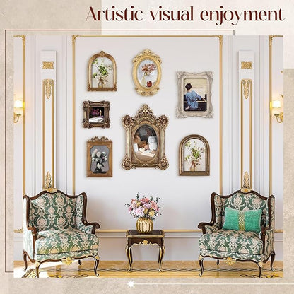 Wonderjune 7 Pcs Vintage Picture Frames Set with Glass Front Antique Gold Gallery Wall Frames 7x9 6x8 5x7 4x6 2x3, Baroque for Home Decor Photography Props Gifts, Wall or Tabletop (Victorian)
