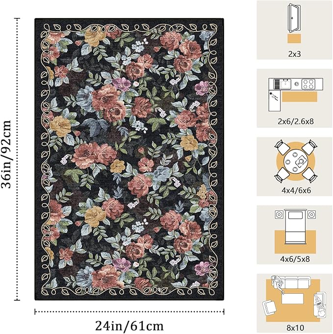 2x3 Machine Washable Area Rug for Entryway, Dark Blue Black Vintage Boho Floral Rug Non-Slip Low Pile Soft Faux Wool Small Carpet, Kids and Pets Friendly for Bedroom Kitchen Hallway Bedside Decor Rug