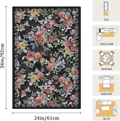 2x3 Machine Washable Area Rug for Entryway, Dark Blue Black Vintage Boho Floral Rug Non-Slip Low Pile Soft Faux Wool Small Carpet, Kids and Pets Friendly for Bedroom Kitchen Hallway Bedside Decor Rug