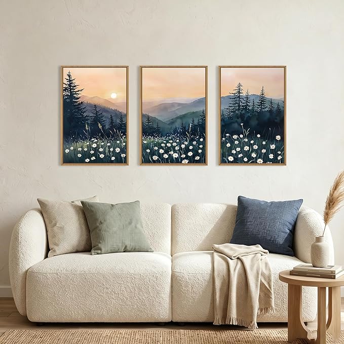 KAIRNE Mountain Floral Landscape Framed Canvas Wall Art Set,Watercolor Forest Wall Decor,Misty Pine Tree Art Prints,Nature Sunset Scenery Artwork for Living Room,Bedroom,Farmhouse,Office-16 x24 x3