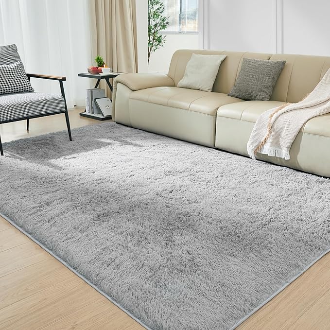 Ultra Soft Rug for Living Room, 5X8 Fluffy Shag Area Rug for Bedroom, Modern Shaggy Carpets Fuzzy Rug for Teens Dorm Nursery Home Decor Aesthetic, Upgrade Anti-Skid Durable, Light Grey