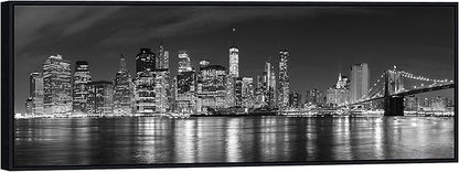 Wieco Art Framed Wall Art New York Manhattan Night View Black and White Wall Decor Canvas Prints Modern Canvas PrintsCityscape Pictures Paintings on Canvas for Bedroom and Living Room