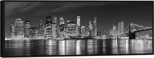 Wieco Art Framed Wall Art New York Manhattan Night View Black and White Wall Decor Canvas Prints Modern Canvas PrintsCityscape Pictures Paintings on Canvas for Bedroom and Living Room