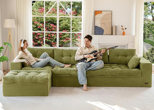 MAXYOYO 132" L Shaped Modular Sectional Sofa with Ottoman, Cloud Boneless Couch with Layered Cushion, Upholstered Sofa in a Box, Flexible Module Combination for Living Room, No Assembly, Green