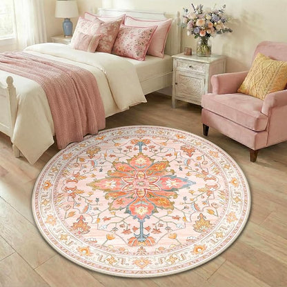 RELEANY Area Rugs Round 4ft Washable Non-Slip, Floral Vintage Distress Print Pattern Medallion Carpet for Living Room Bedroom Dining Room, Light Pink Colorful