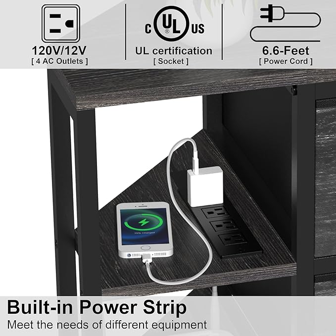 EXOTICA Corner TV Stand for 55 inch TV with Drawer and Charge Station Black Corner Entertainment Center for Living Room Modern Corner Console Table with 4 Open Storage Shelves Metal Frame