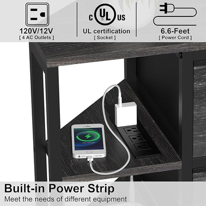 EXOTICA Corner TV Stand for 55 inch TV with Drawer and Charge Station Black Corner Entertainment Center for Living Room Modern Corner Console Table with 4 Open Storage Shelves Metal Frame