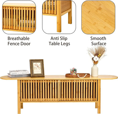 Bamboo TV Stand for TVs up to 65", Accent Entertainment Center with Storage, Media Console Table with Fence Door, Modern TV Stand for Living Room, Bedroom, 55"(L), Burlywood