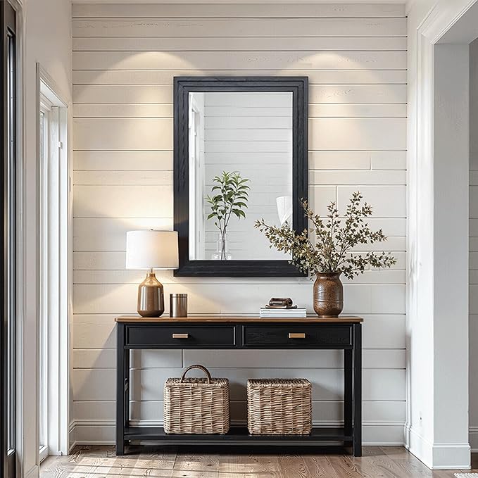 Wood Framed Mirrors for Wall, Black Bathroom Vanity Mirror for Over Sink 20 x 30, Vintage Wall Mirror for Bathroom Sink Hallway Entryway Bedroom Living Room Farmhouse Boho Style
