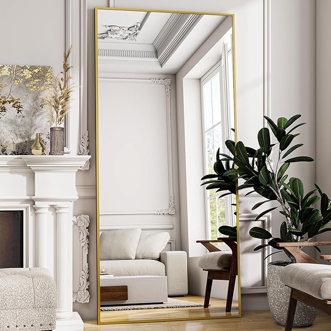 VooBang Full Length Mirror, 71" x 26" Floor Mirror with Stand, Aluminum Alloy Frame Full Body Mirror, Standing Hanging or Leaning Against The Wall for Bedroom Living Room, Gold