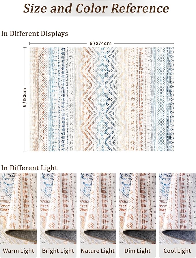 Miukiki 6x9 Area Rug for Living Room Moroccan Washable Rugs Non Slip Indoor Floor Carpet Foldable Large Soft Area Rug for Dining Room Bedroom with Low Pile(Colorful,6'x9')