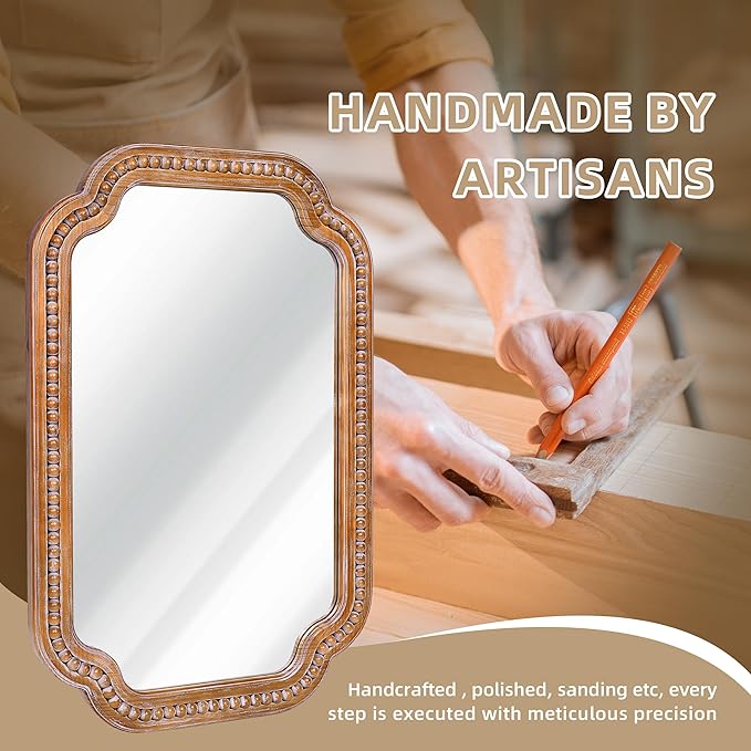 24x36 Inch Farmhouse Beaded Wall Mirror, Wood Scalloped Decorative Mirror, French Vintage Accent Mirror for Bathroom, Entryway & Glam Boho Decor