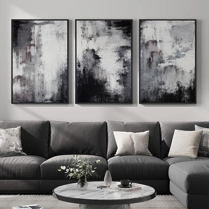 Framed Black and White Abstract Wall Art for Living Room, Large 3 Piece Modern Grey Canvas Artwork for Walls, Minimalist Abstract Prints Pictures Home Office Dining Room Hallway Wall Decor, 24x36 In