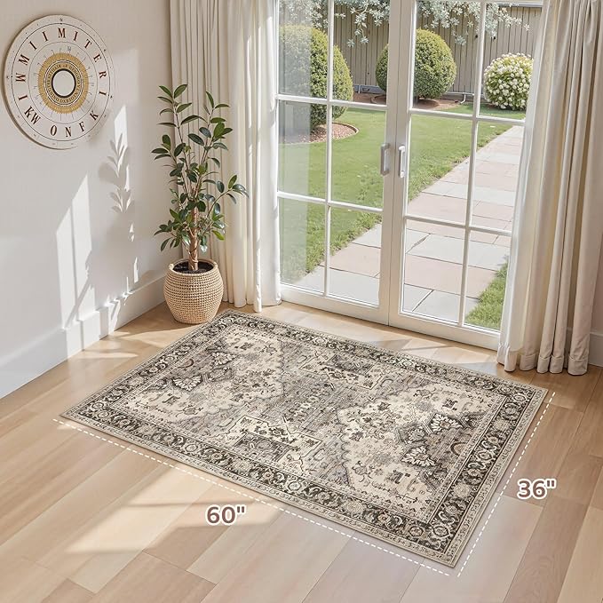 3x5 Washable Entryway Rug: Non-Slip Soft Vintage Floral Indoor Area Rug for Living Room Large Kitchen Entryway Bedroom Bedside, Door Mat Throw Carpet for Laundry Foyer Home Decor (Brown)