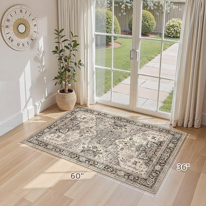 3x5 Washable Entryway Rug: Non-Slip Soft Vintage Floral Indoor Area Rug for Living Room Large Kitchen Entryway Bedroom Bedside, Door Mat Throw Carpet for Laundry Foyer Home Decor (Brown)