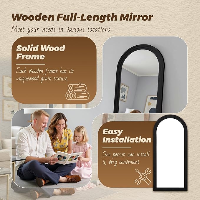 Antok Full Length Mirror with Solid Wood Frame, 81"×41" Wall Mounted Oversized Floor Mirror with Stand, Leaning Standing Hanging for Bedroom Living Room Entryway, Black, Arched Syle
