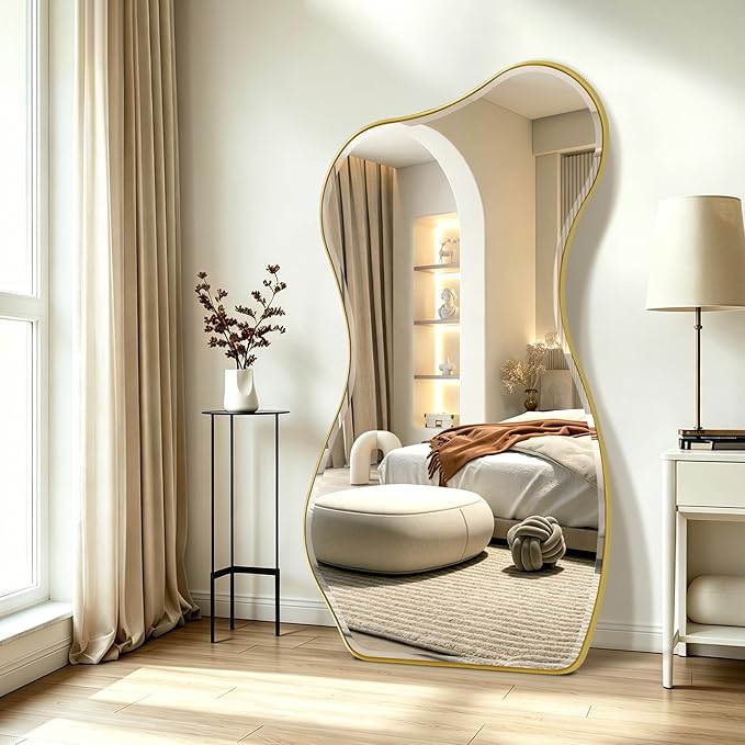 POZINO Irregular Beveled Mirror Full Length, 66.8"x33.5" Asymmetrical Aesthetic Wall Mirror with Metal Frame, Premium Organic Floor Mirrors for Living Room Entryway Cloakroom, Leaning/Wall-Mount